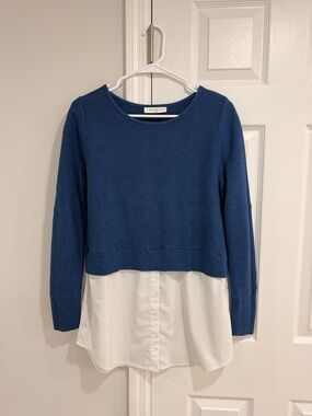 Sandro Blue Crewneck Sweater with White Shirt Hem